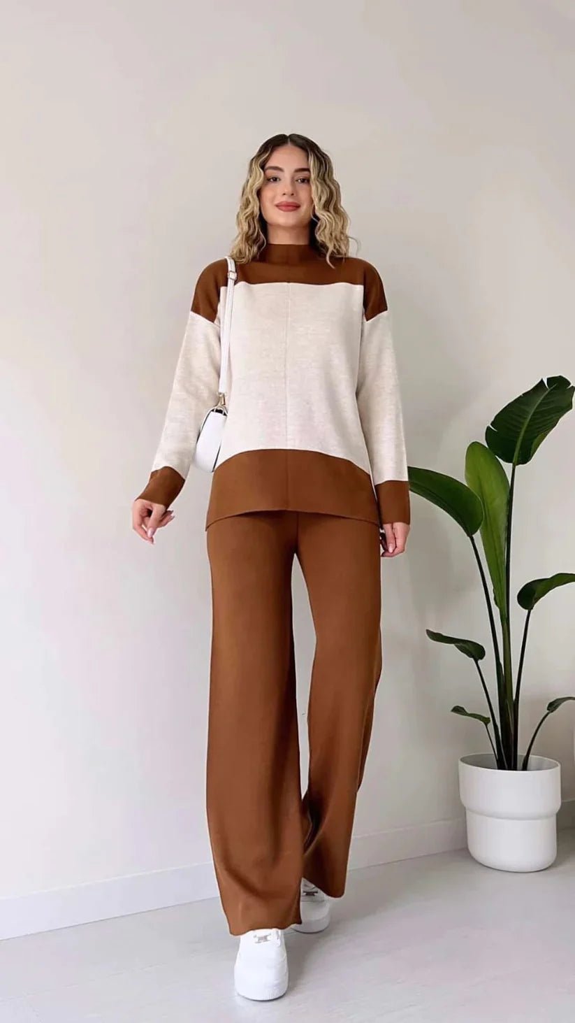 Long Sleeves Two piece Panel Knitted Suit Set